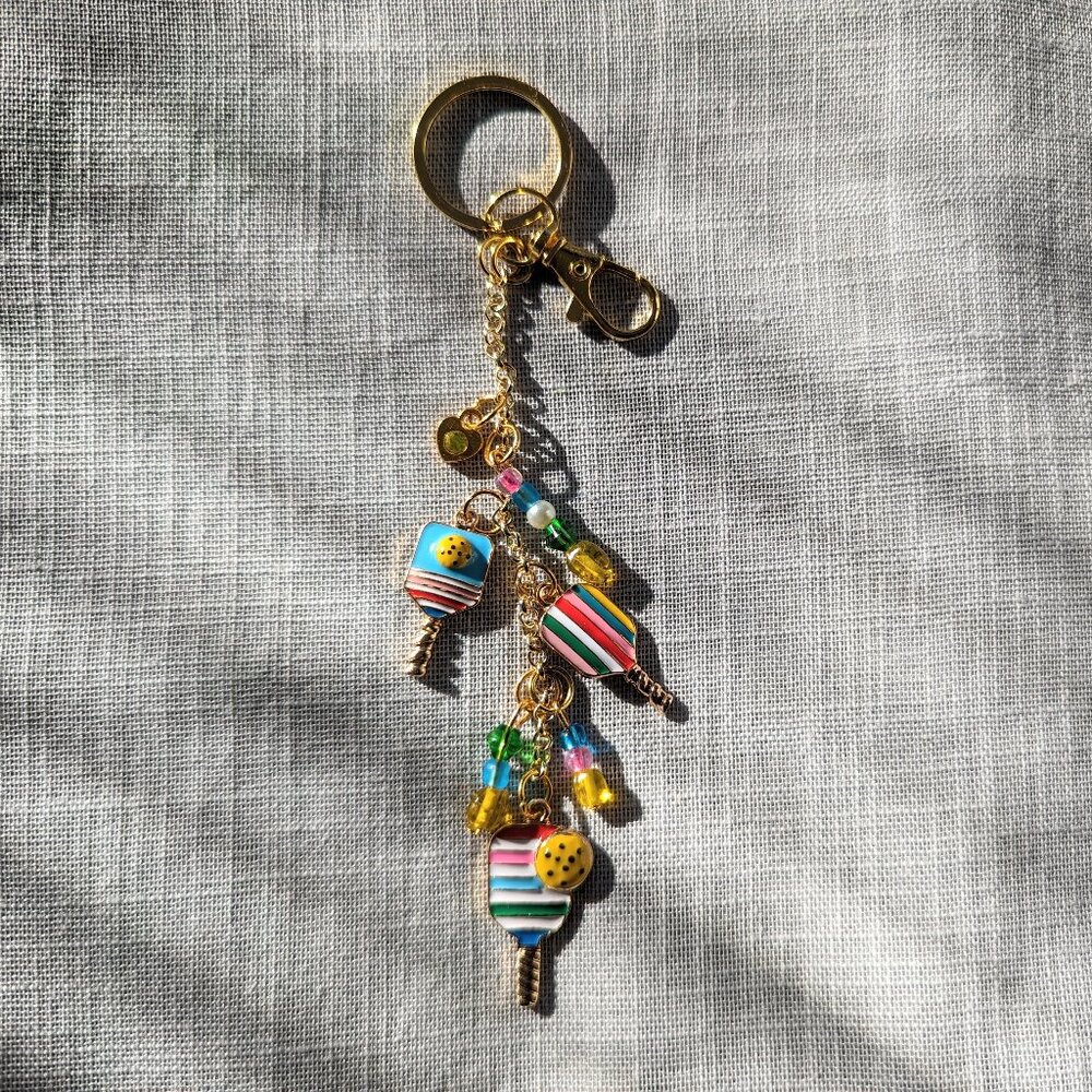 PINK BLUE & GOLD PICKLE BALL KEYCHAIN/ BAG CHARM BACKPACK CHARM